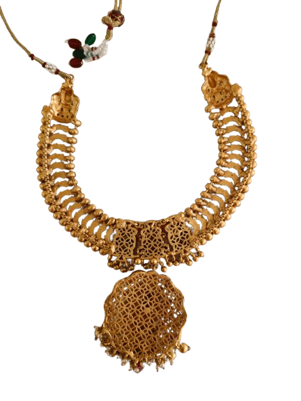  oxidized finish gold plated traditional temple pendant necklace set with ruby stones and pearls