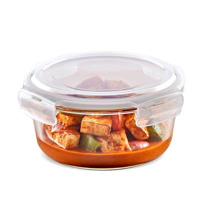 Borosil Airtight Glass Food Storage Container with Snap Lock Lid, Round, 650ml , Pack Of 1