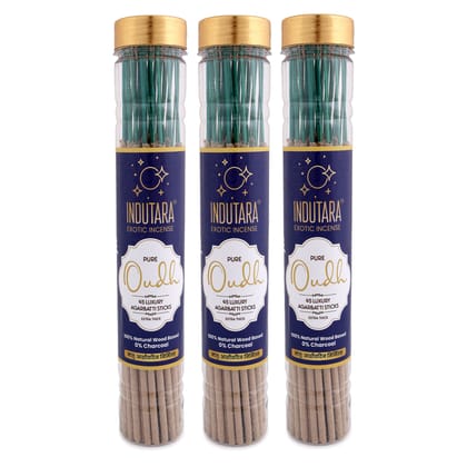 Indutara Premium Pure Oudh Agarbatti - Made from natural wood, Charcoal free, no artificial colors - Pack of 3