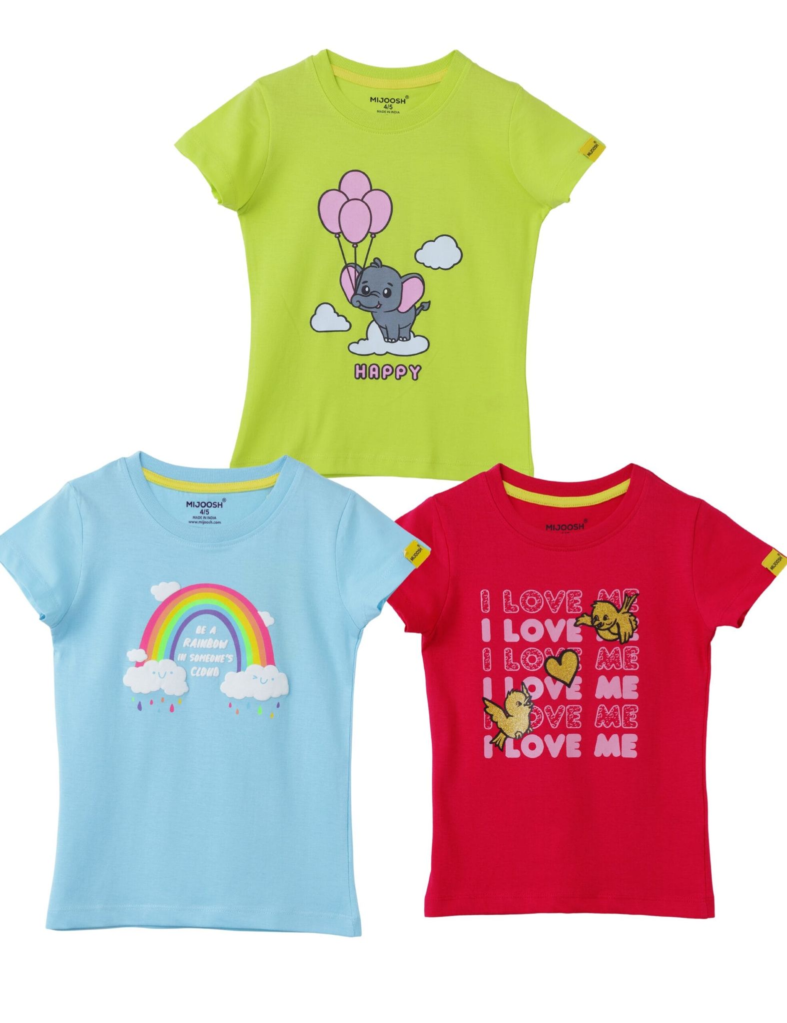 Girls’ T-Shirt Set – Acid Lime, Pink & Blue, Soft Cotton, Ages 2-6(3pcs pack)