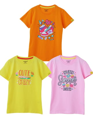 Girls’ T-Shirt Blazing Yellow, Bonbon Pink, Vibrant Orange, Touch & Feel, Ages 7-14 (3 Pcs Pack)