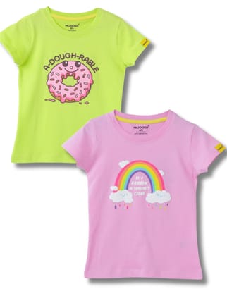 Girls T-Shirt Bonbon Pink / Acid Lime Green, Soft Cotton, Ages 2-6 (2pcs pack)