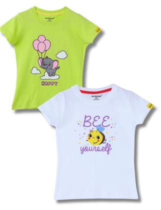 Girls T-Shirt White / Acid Lime Green, Soft Cotton, Ages 2-6 (2pcs pack)