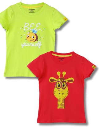 Girls T-Shirt Hibiscus Red / Acid Lime Green, Soft Cotton, Ages 2-6 (2pcs pack)