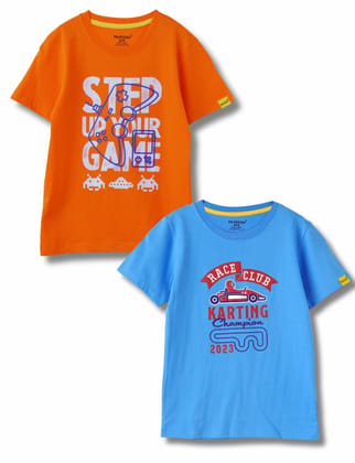 Boys T-Shirt All Aboard Blue / Scarlet Ibis Orange, Soft Cotton, Ages 7-14 (2pcs pack)