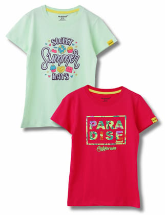 Girls T-Shirt  Patina Green / Bright Rose Pink, Soft Cotton, Ages 7-14 (2pcs pack)