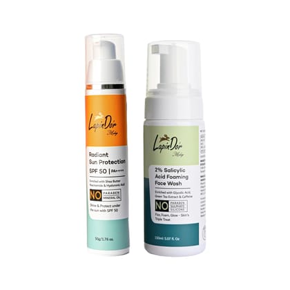  2% Salicylic Acid Foaming Face Wash and Radiant Sun Protection SPF 50 PA+++, 2-piece skincare set - Lapin D'or