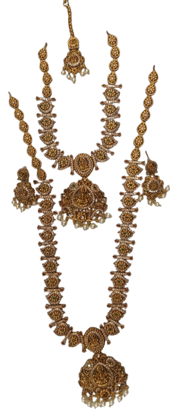  **Product Title:**  "Stunning Antique Gold Long Necklace Set with Earrings and Maang Tikka for Women"