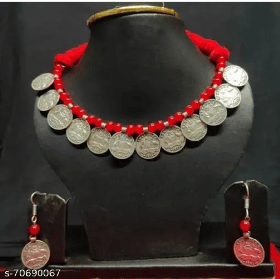  oxidized silver coin necklace set with red beads