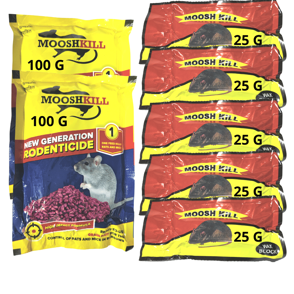 Mooshkill Rat Killer Granules 100gmX2 & 25gmX5 Combo | Ready to use wax block for the control of Rats and Mice