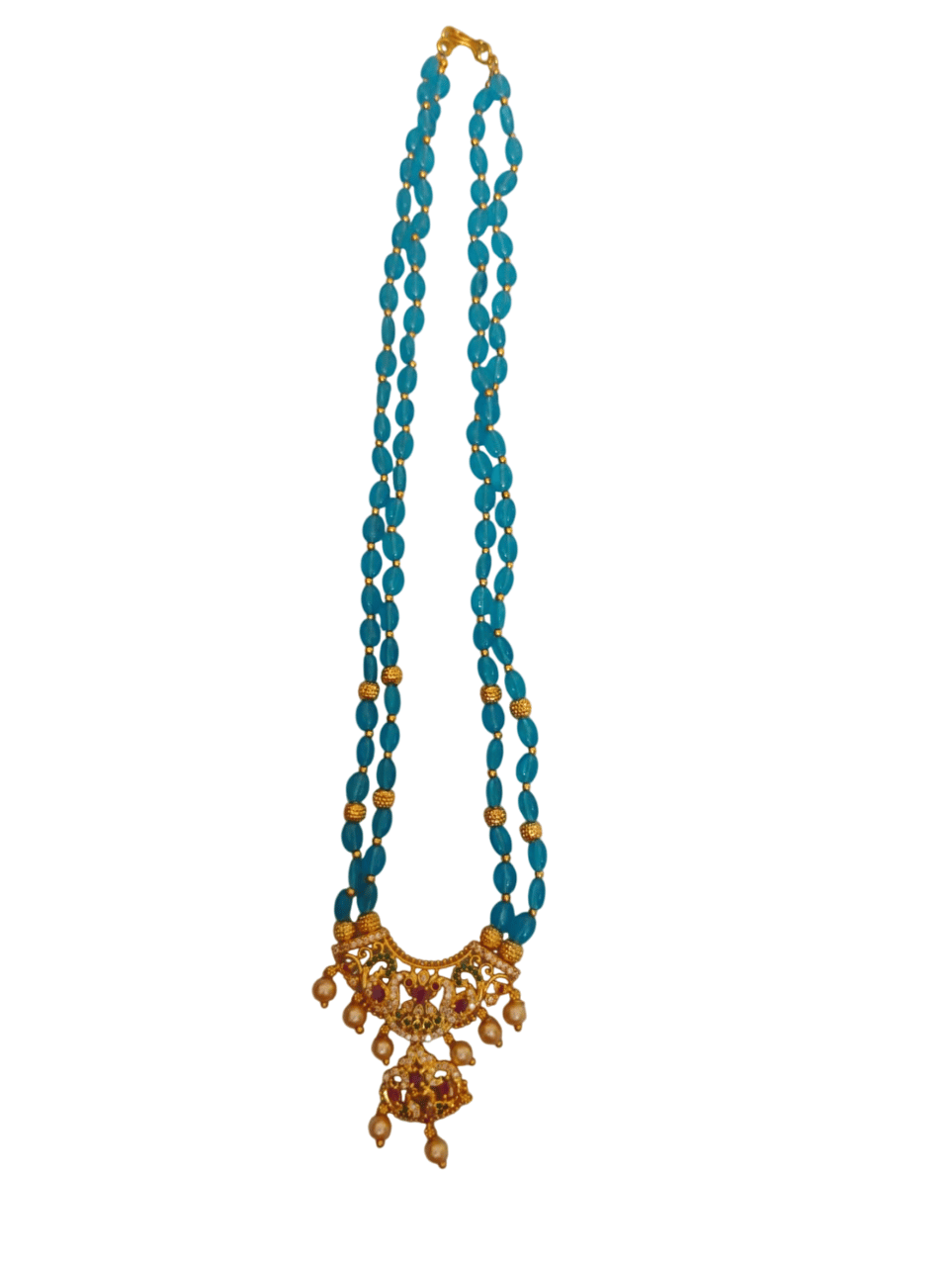 Delicate and elegant gold-plated long necklace with aqua blue glass beads and intricate floral pendant.