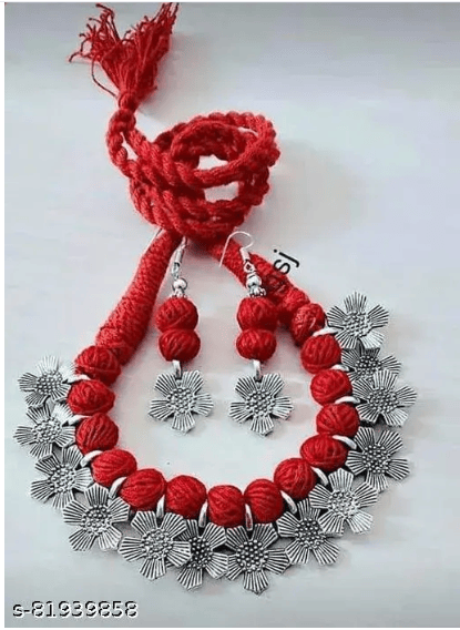  oxidised silver flower design necklace set with red cotton thread