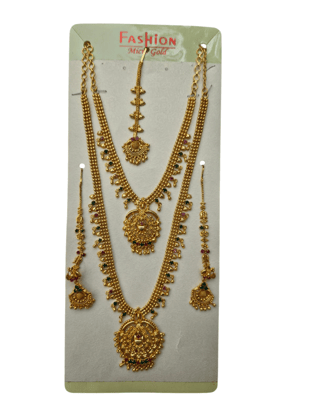 Gold Plated Indian Traditional Temple Jewellery Haram and Jhumka Earrings Set with Maang Tikka for Women