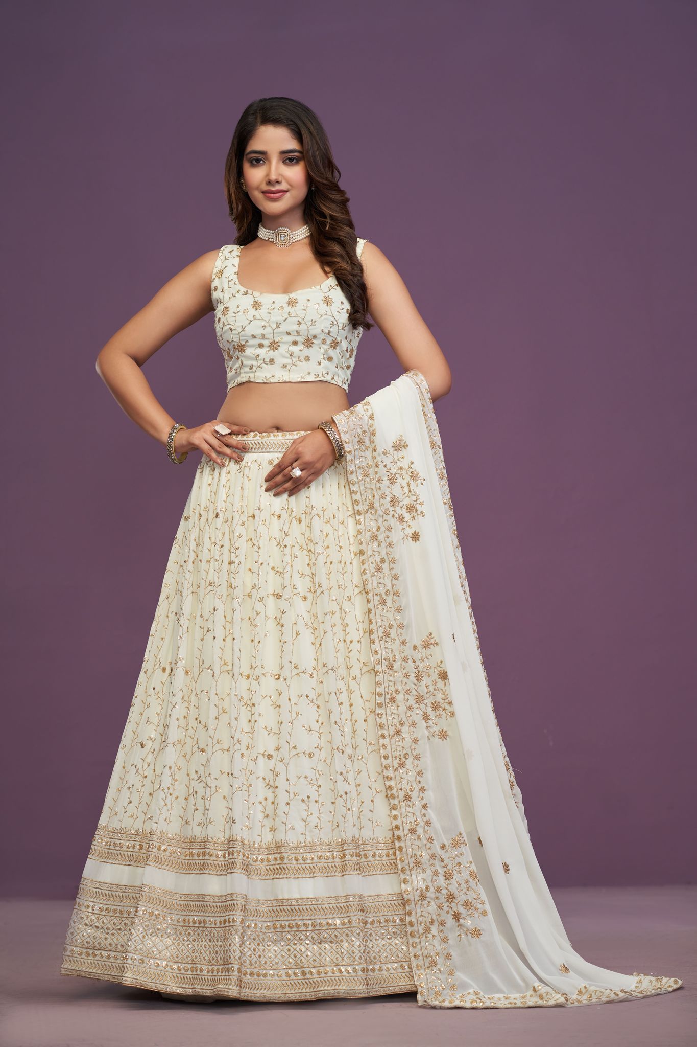 Buy White Georgette Embroidered Lehenga Choli With Dupatta Online