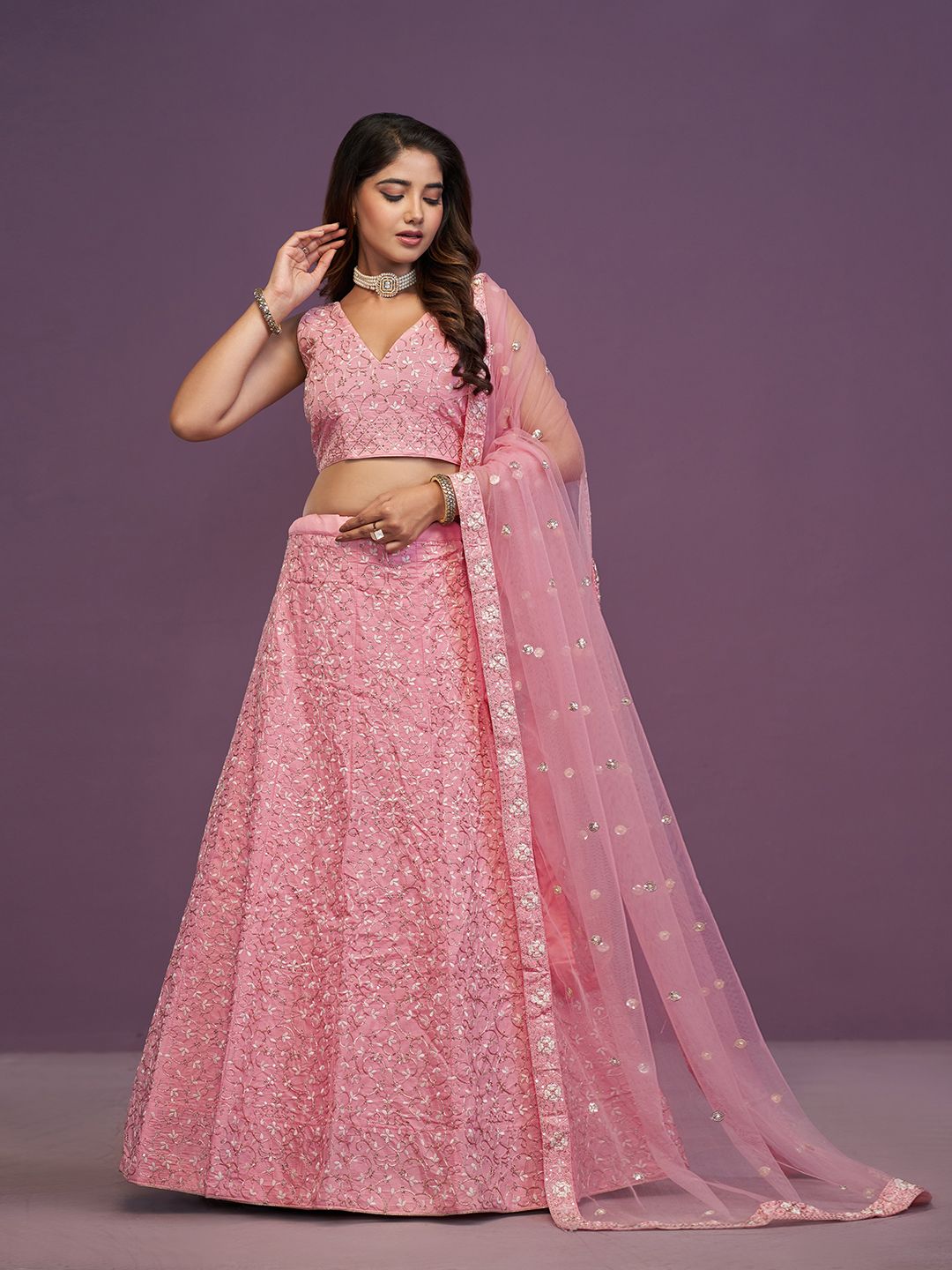 JIHU CULTURE Women's Pink Malai Silk Lehenga Choli Set With Sequins Embroidered Work