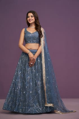 Buy Blue Embroidered Soft Net Lehenga Choli With Dupatta For Women Online