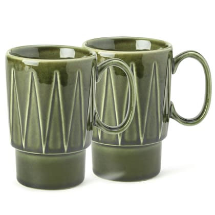 Bodhi House Stackable Ceramic Coffee Mug, Milk Mug with Glossy Finish, Ideal for Green Tea, Hot Chocolate, Microwave and Dishwasher Safe, Bone Ash Free Ideal for Gifting, Moss Green | 350 ml Set of 2