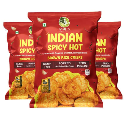 Asmita Organic Farms Brown Rice Popped Crisps, Not Baked Not Fried, Low Fat with Foxtail millet Healthy Snacks Popped Fiber Rich Snack Low in Calories (Indian Spicy Hot, 55 g (Pack of 3)