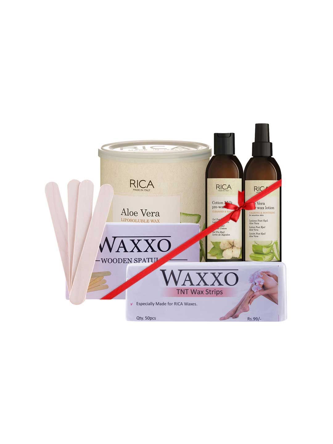 Rica Aloe Vera Body Waxing Kit (1 Rica Wax, 1 Rica Cotton Milk Pre Wax Gel, 1 Rica Aloe Vera After Wax Lotion, 1 Waxxo Wooden Spatula, 1 TNT Waxing Strip)