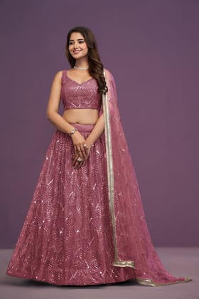 Pink Soft Net Sequence Embroidery Real Mirror Work Lehenga Choli For Women's