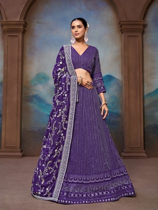 Purple Georgette Lucknowi Embroidery Work Lehenga Choli Set For Wedding