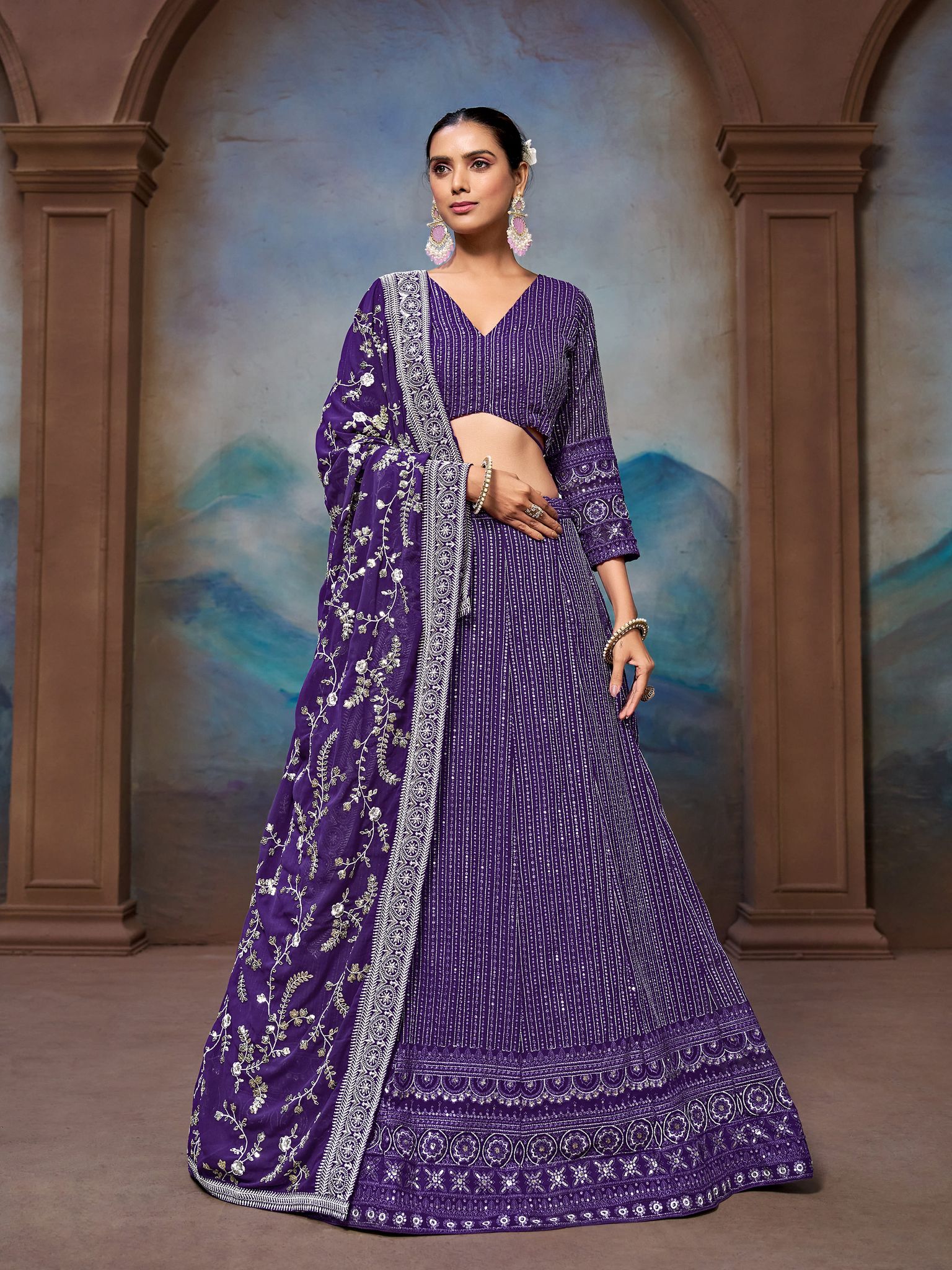 Purple Georgette Lucknowi Embroidery Work Lehenga Choli Set For Wedding