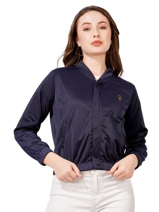 Women Solid Casual Jacket (Navy Blue)