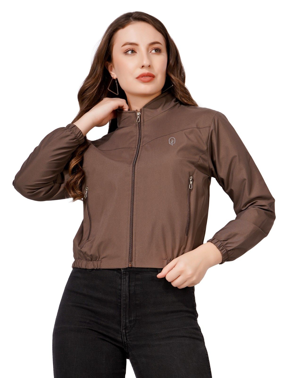 Women Solid Winter Crop Jecket (Brown)