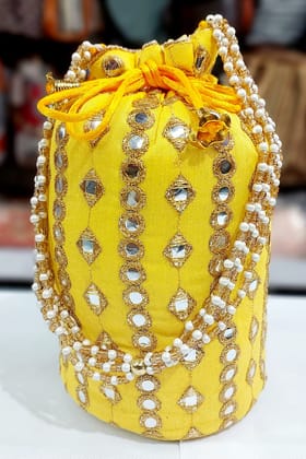 Embroidered Yellow Potli Bag with Pearl Handle for Women