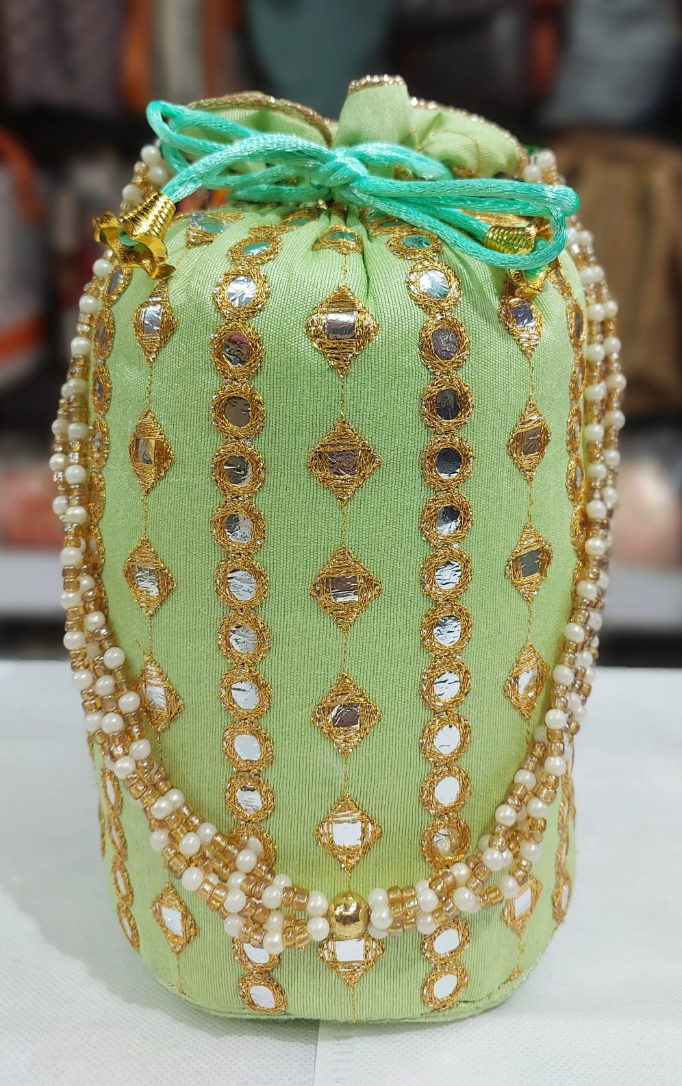 Embroidered Potli Bag with Pearl Handle for Women