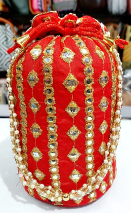 Embroidered and Gold Potli Bag with Pearl Beads