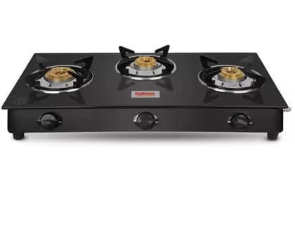 Rallison 3 Burner Gas Stove Glass Top Manual Ignition with ISI Certified Brass Burners and Toughened Glass Top, Black