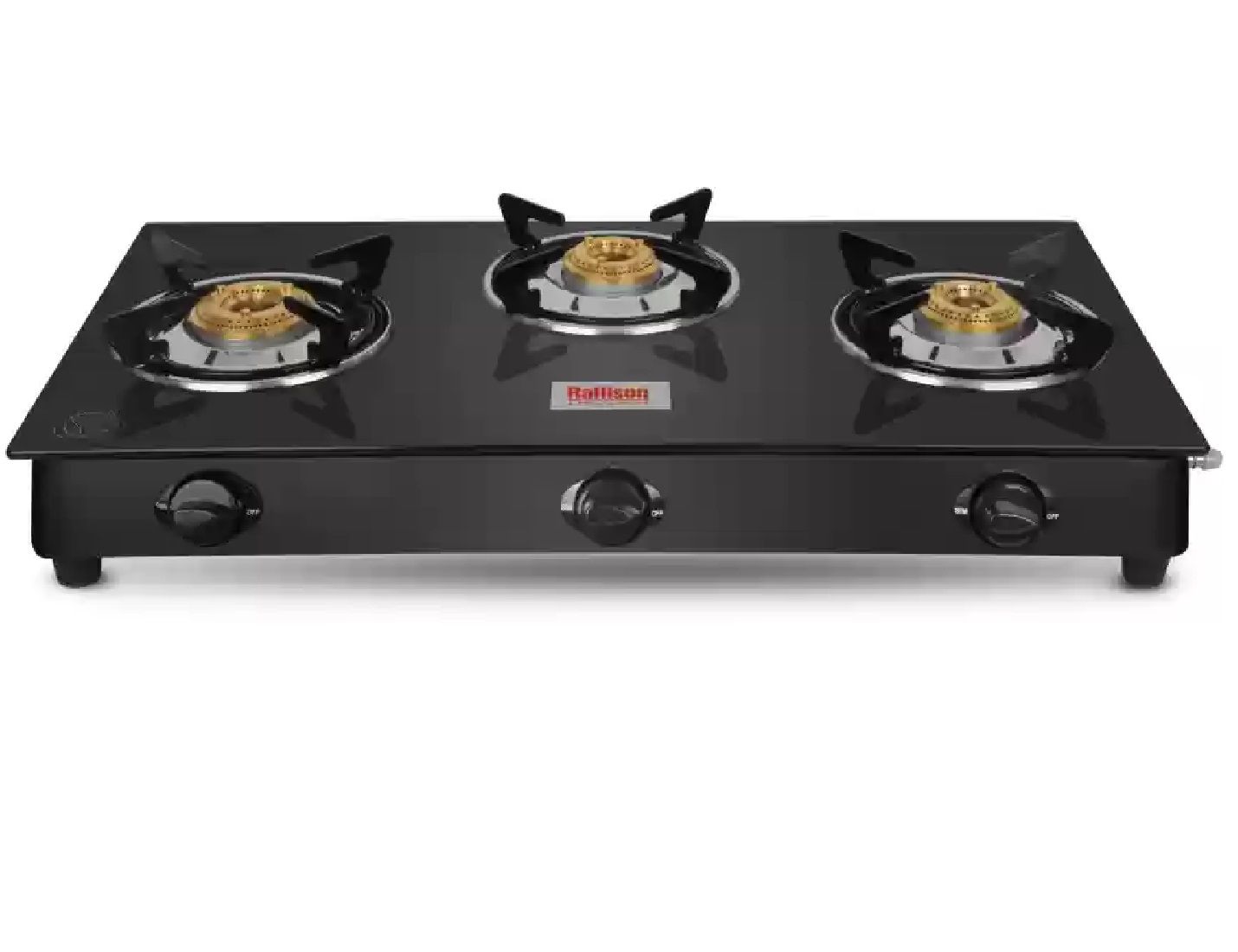 Rallison 3 Burner Gas Stove Glass Top Manual Ignition with ISI Certified Brass Burners and Toughened Glass Top, Black