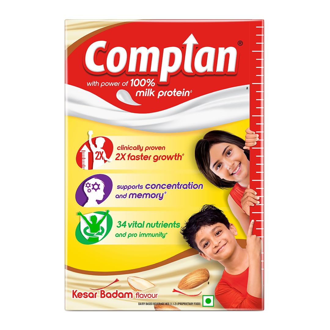 Complan Nutrition Drink Powder for Children, Kesar Badam Flavour, 500 g Carton | Nutrition drink for kids with protein & 34 vital nutrients