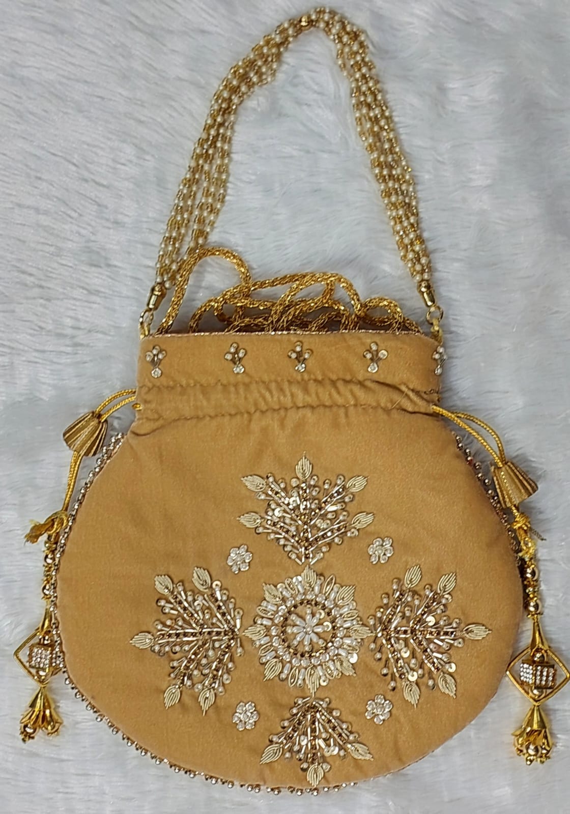 Velvet Potli Bag With Pearl and Zari Embroidery