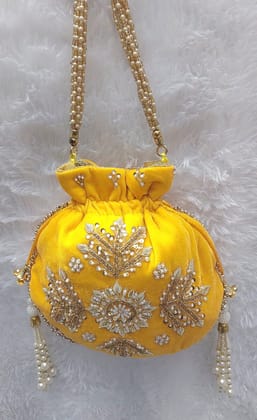 Yellow Velvet Potli Bag With Pearl And Stone Work Online at Best Price in India