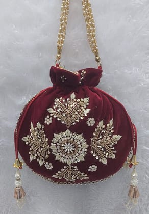 Maroon Velvet Potli Bag with Pearl and Zari Embroidery