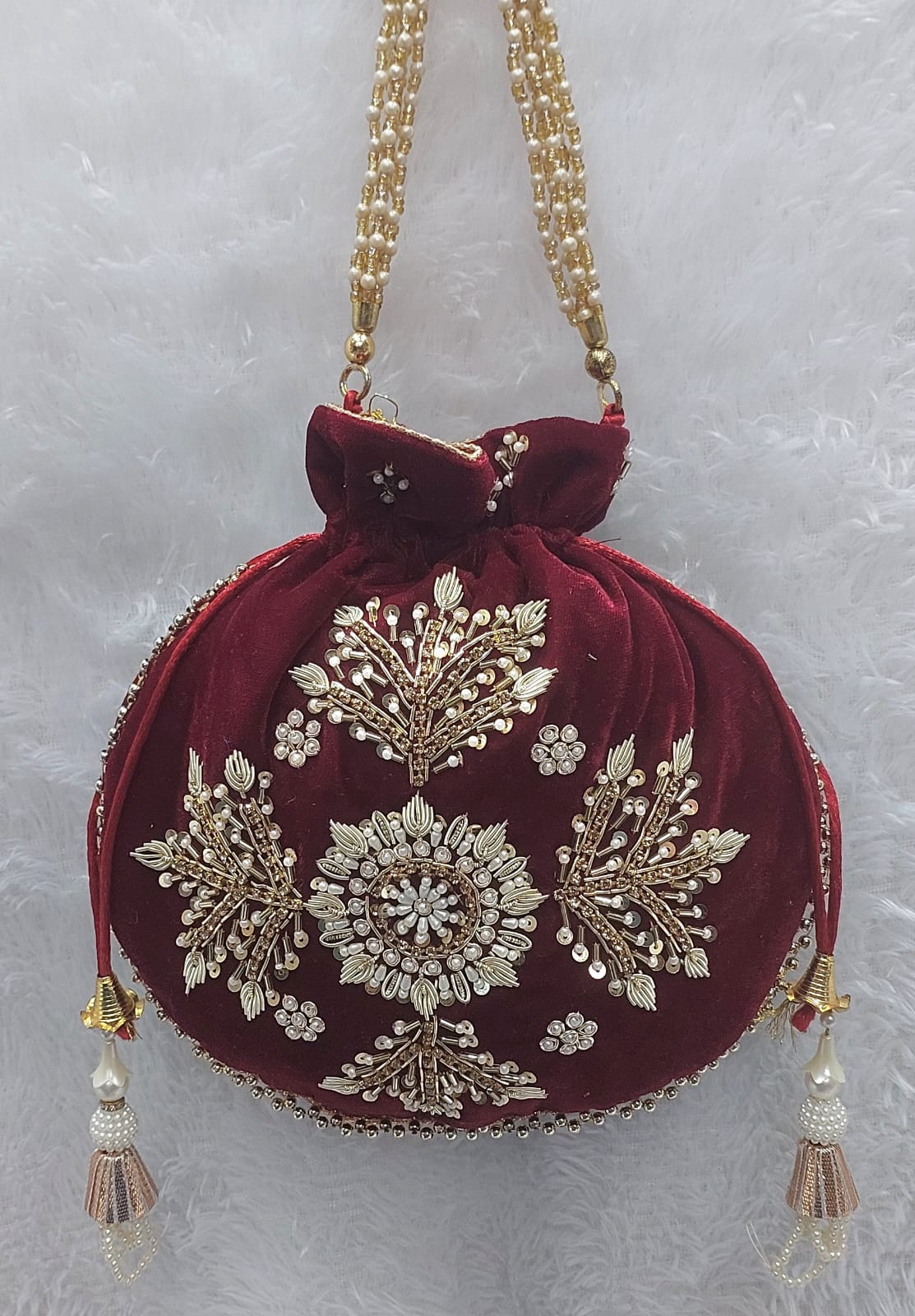 Maroon Velvet Potli Bag with Pearl and Zari Embroidery