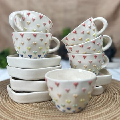 CERAMIC DINING Multicolour 3D Heart Tea Cups with Saucers Set of 6