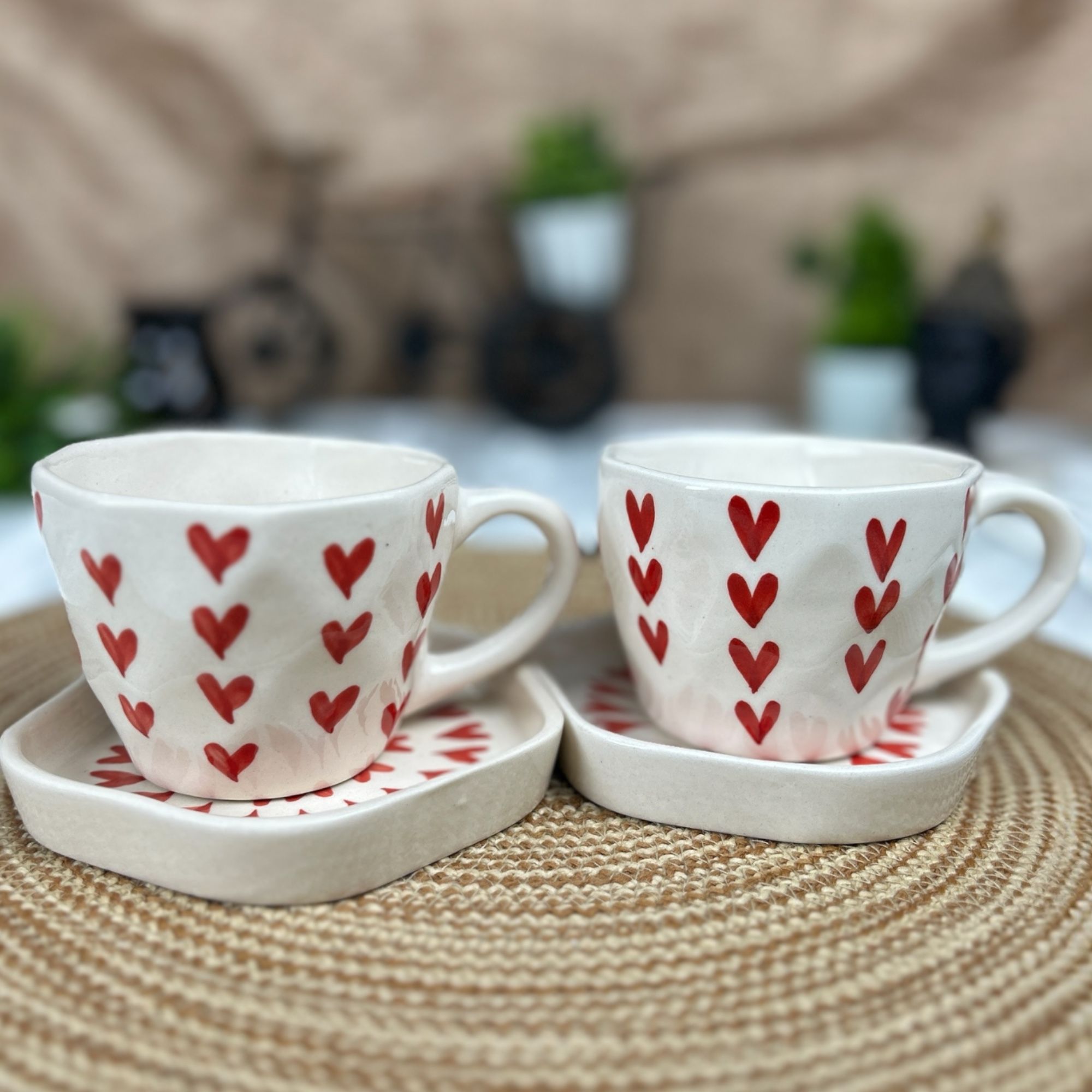 CERAMIC DINING Red Heart Tea Cups with Saucers Set of 2