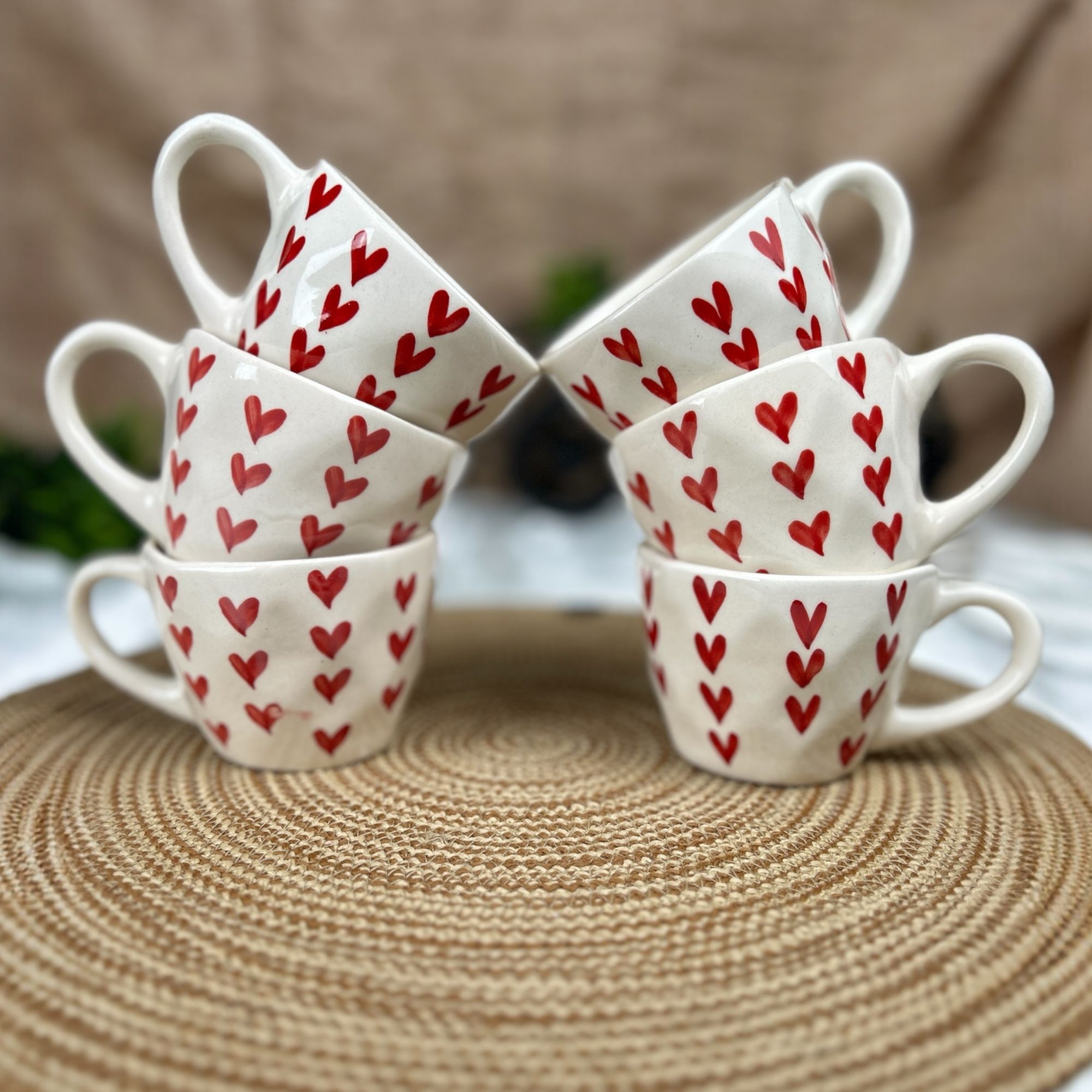 CERAMIC DINING Red Heart Tea Cups Set of 6