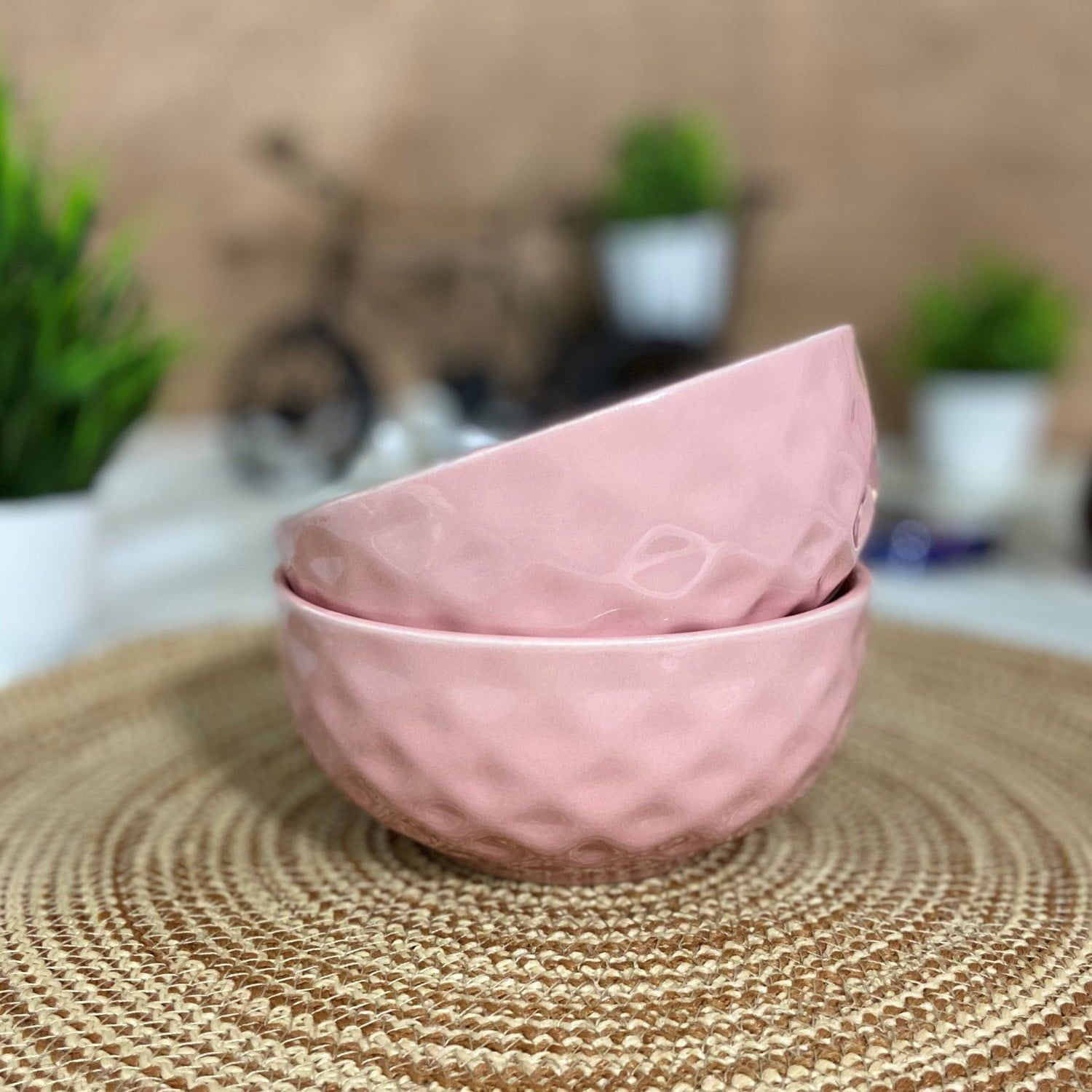 Ceramic Dining Pink Diamond Shaped Ceramic Soup/Cereal Bowls- Set of 2