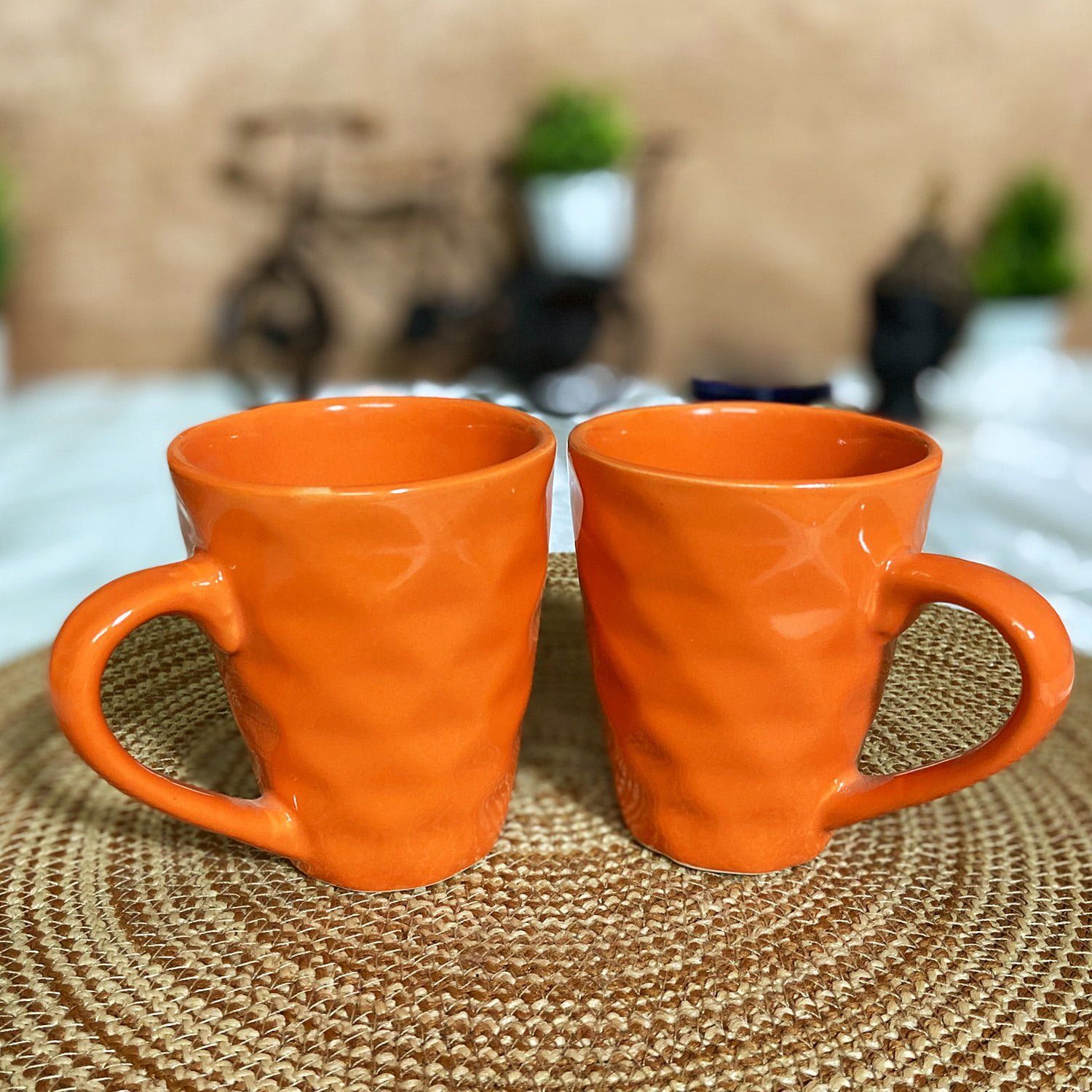 Ceramic Dining Matte Orange Diamond Shaped Coffee Mugs Set of 2