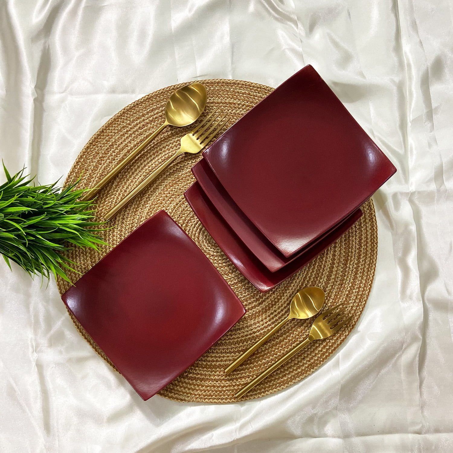 Ceramic Dining Matte Maroon Square Ceramic Quarter Plates- Set of 4