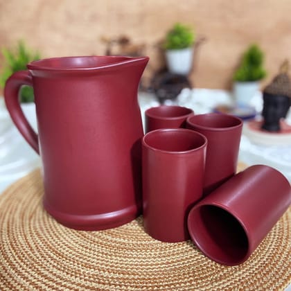 Ceramic Dining Matte Maroon Ceramic Glasses With Jug Set of 5