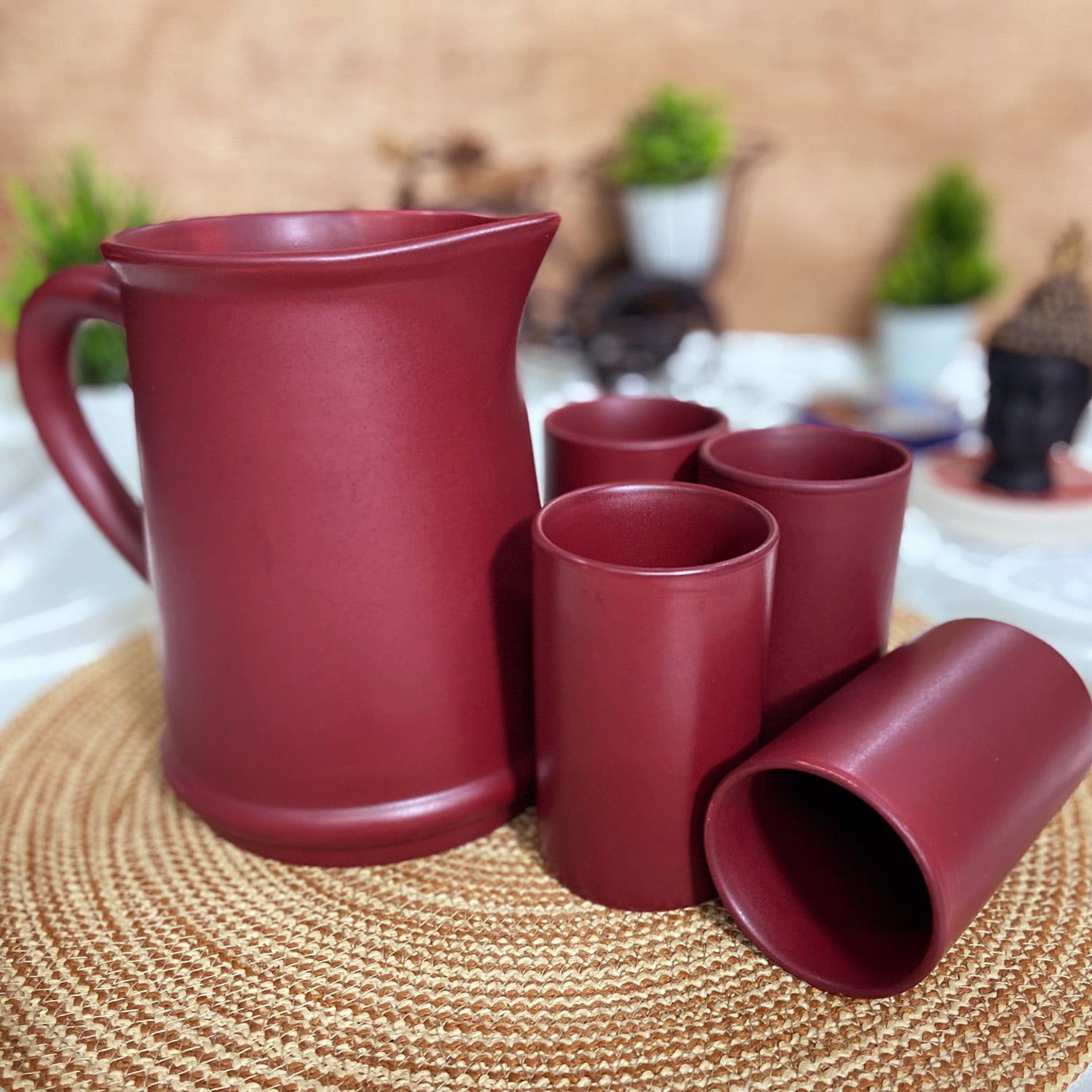 Ceramic Dining Matte Maroon Ceramic Glasses With Jug Set of 5