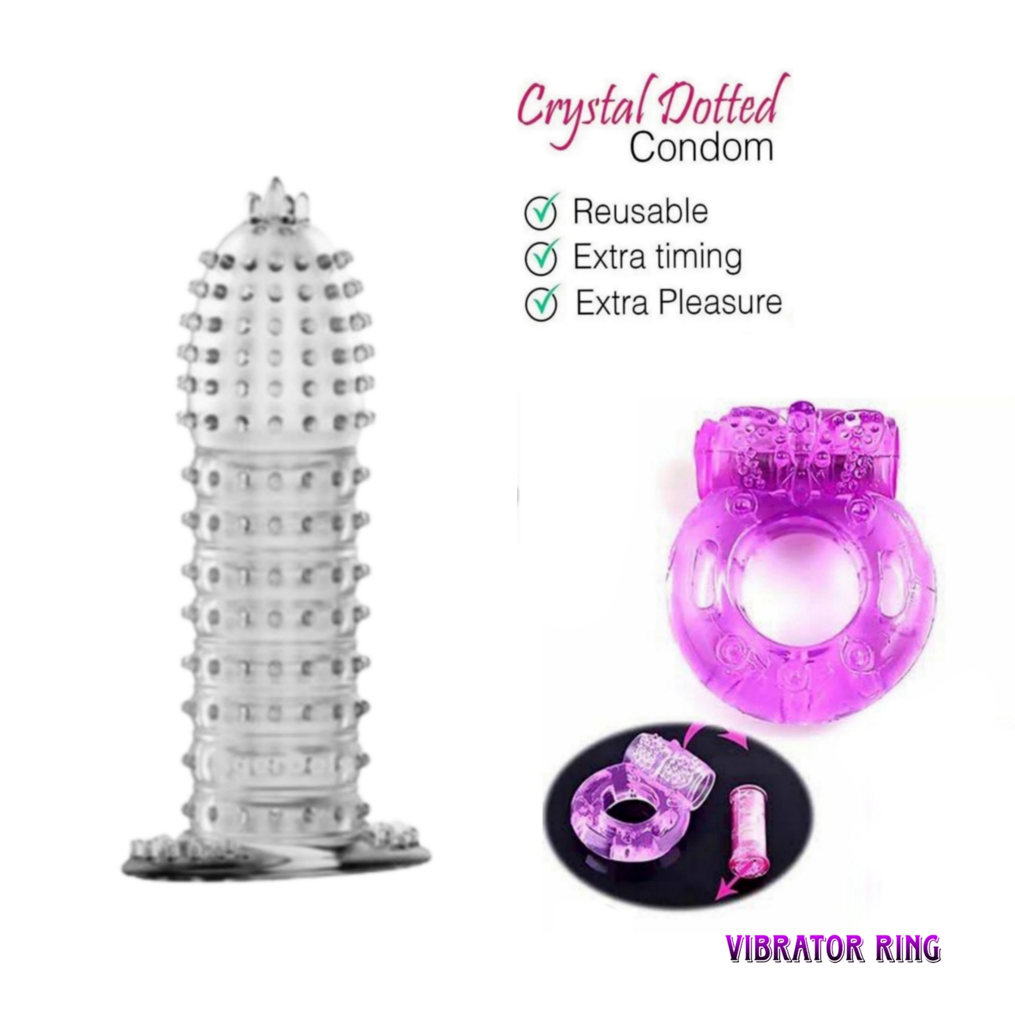 Qawvler Crystal Dotted Condom Reusable & Vibrator Ring Silicone more Pleasure Ring Combo Deal