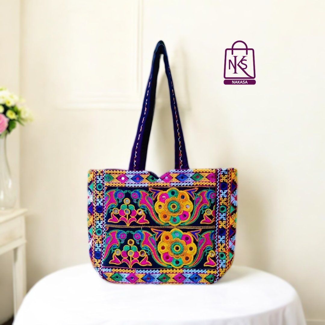 NAKASA Women's Rajasthani Handmade Mirror Work Embroidery Regular Multicolor Tote Bag