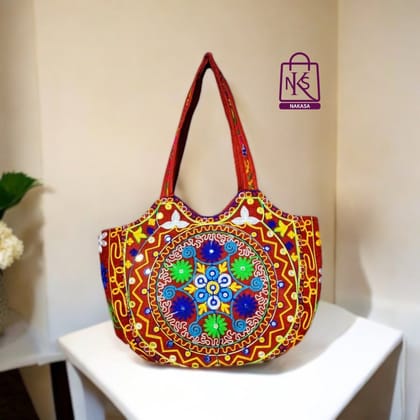 NAKASA Women's Gujarati Handmade Flower Embroidery Large Red Tote Bag