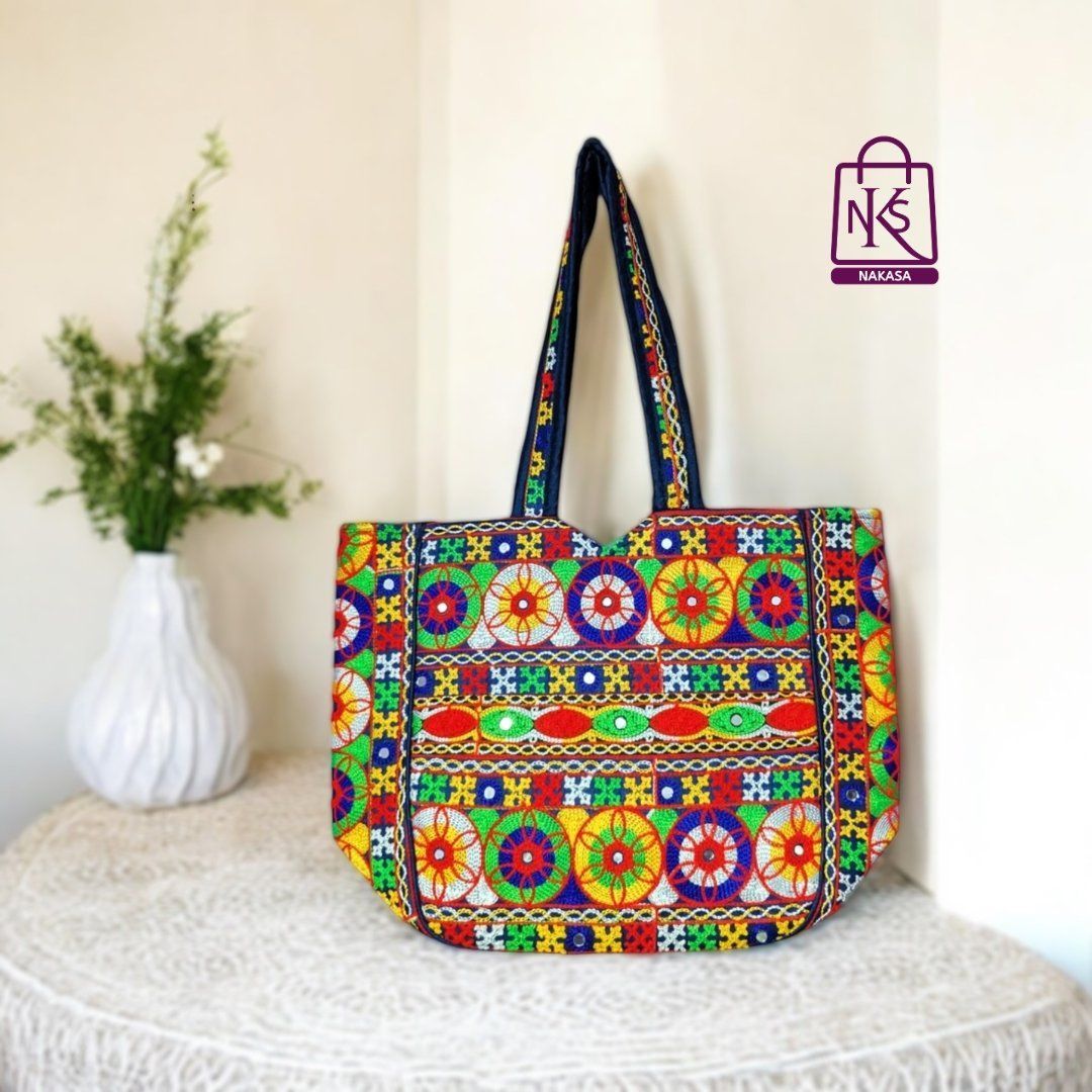 NAKASA Women's Gujarati Handmade Flower Embroidery Regular Blue Tote Bag